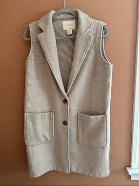 Cynthia Rowley Neutral Herringbone Sleeveless Coat Vest
